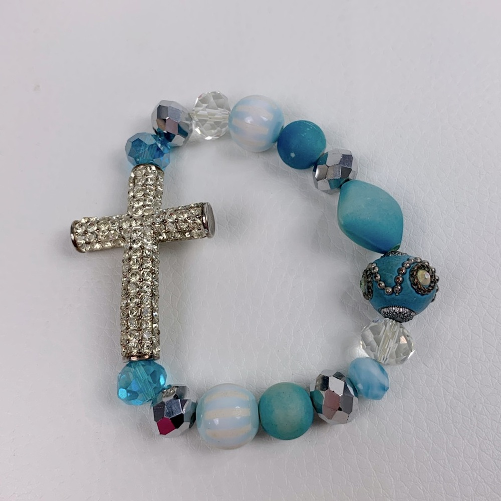Rhinestone Beaded cross stretch bracel Silver Blue Clear Iridescent Small